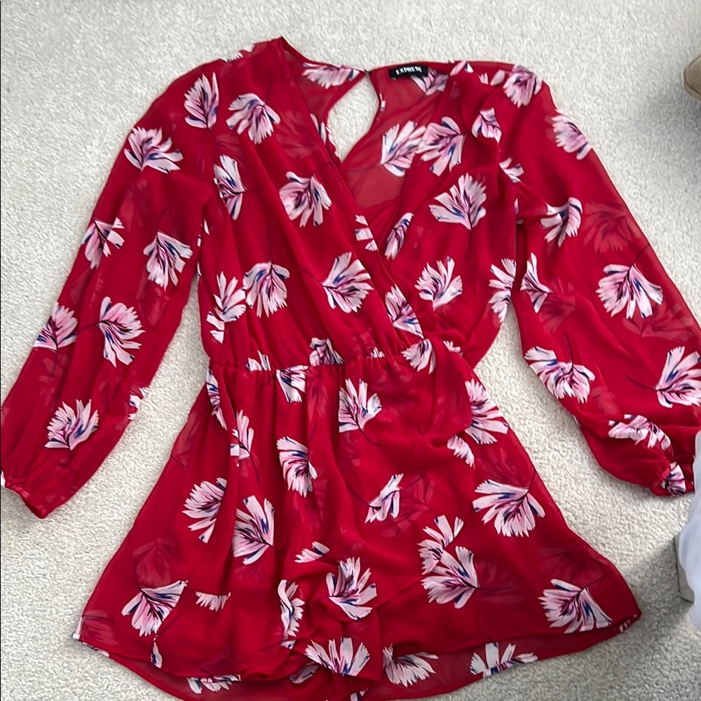 Express Red Floral Print Chiffon Romper